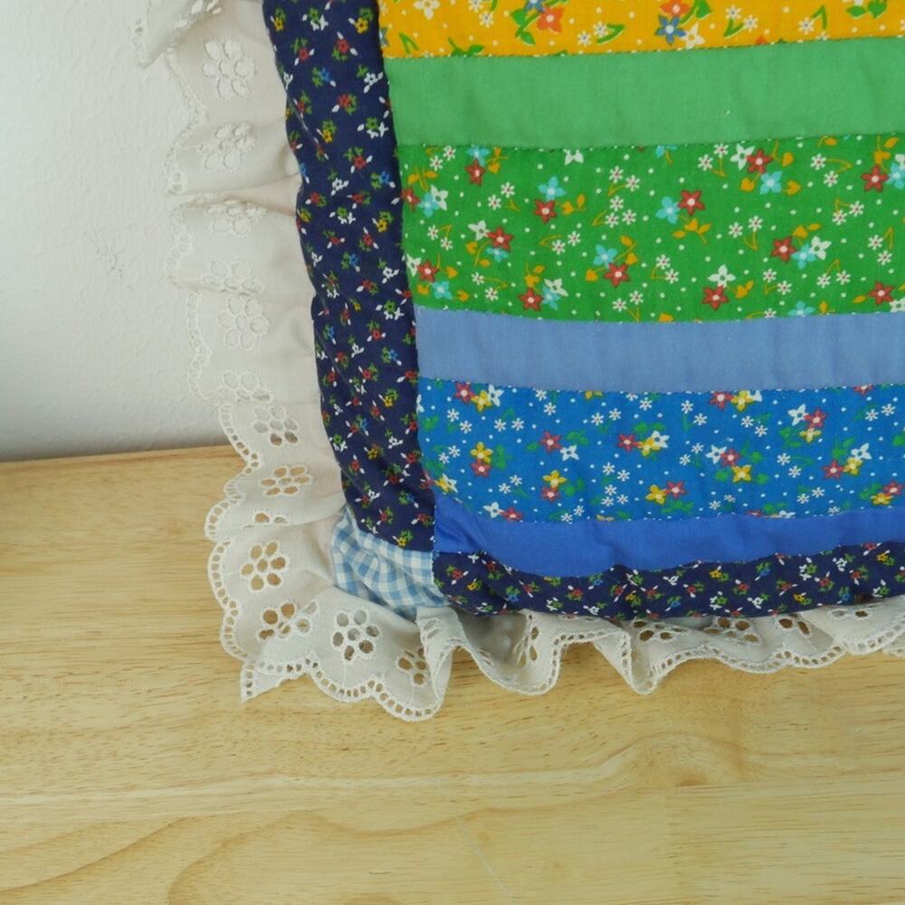 Vintage Patchwork Rainbow Throw Pillow Eyelet Ruffle Pride Kitschy Cottagecore - Picture 4 of 7